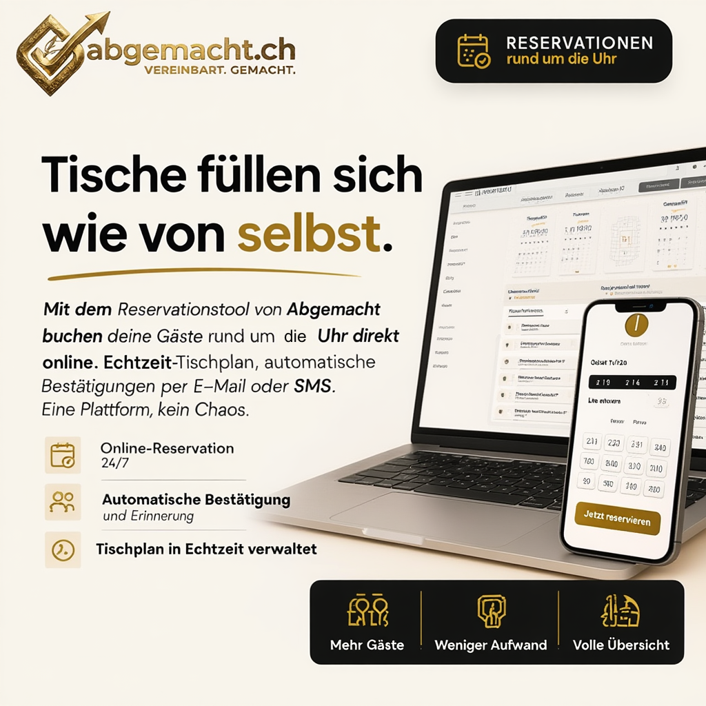 Abgemacht Reservationssystem — Tische füllen sich wie von selbst. Online-Reservation 24/7 auf Laptop und Smartphone.