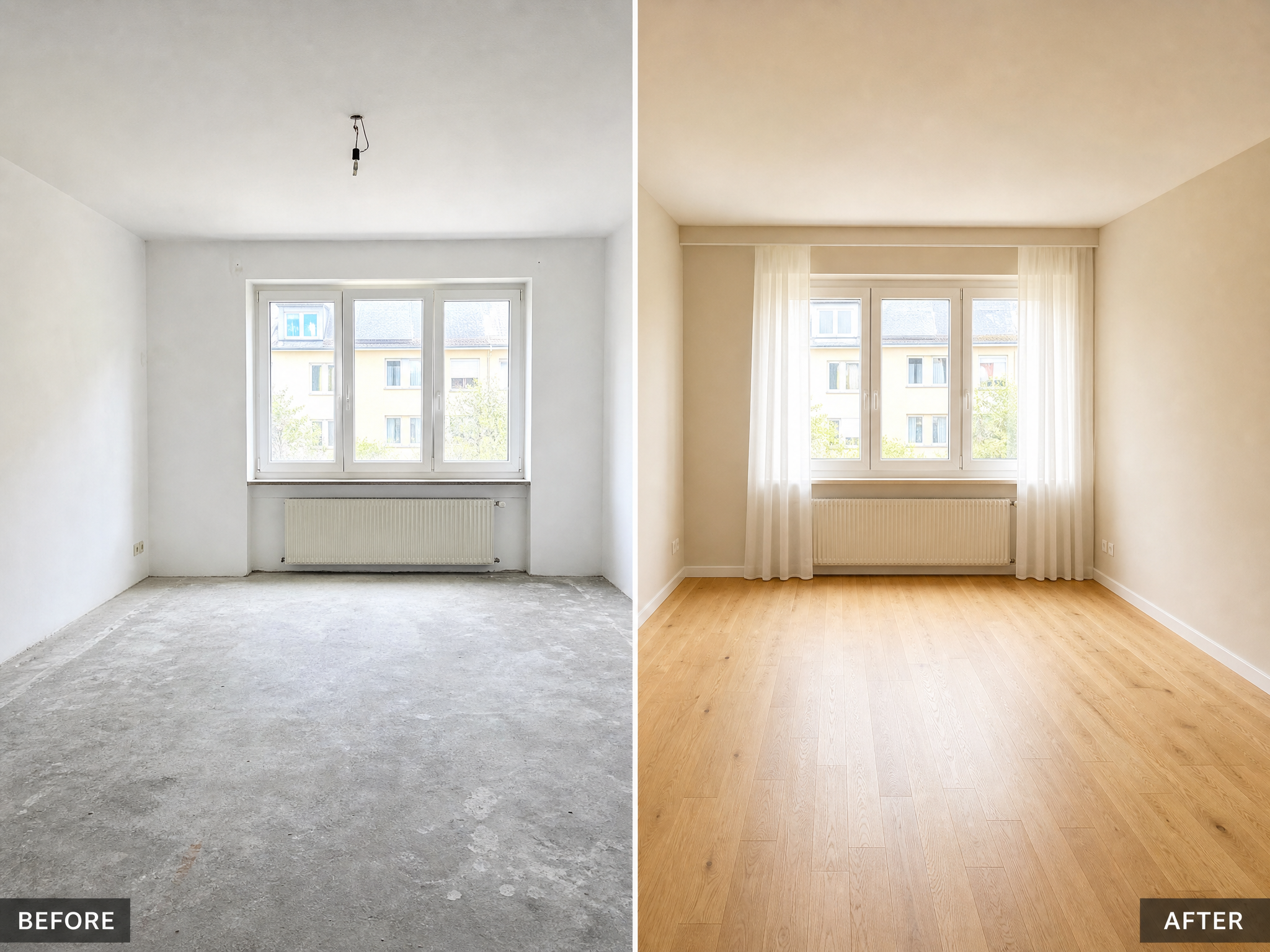 KI-Raumvisualisierung: Vorher-Nachher eines renovierten Schweizer Wohnraums mit neuem Parkettboden und frischem Anstrich